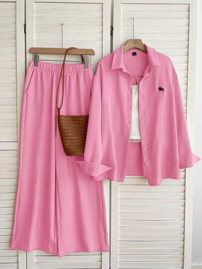 SHEIN EZwear Women's Soft Pink Knight Print Single-Breasted Long Sleeve Top And Wide-Leg Pants Casual Summer Loungewear Co Ords Set,Polo Tracksuit Winter Pj Set