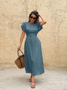 SHEIN Frenchy Women's Solid Color Round Neck Short Sleeve Waist Ruched Casual Mid-Length Dress - Blue - View 7