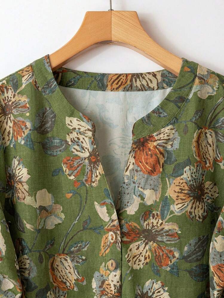 2pc Set  Plus Size Women's Summer Casual Vacation Country Green  Floral Print Long Sleeve Shirt And  Pants 2-Piece Set,Summer Outfits For Women ,Vacation Outfits Women ,Holiday Outfits For Women,Going Out Outfits,2026 New Clothes,Simple And Fashionable For Everyday Wear,Suitable For Summer, Vacation, Daily Wear, Festival Outfits For Women,Country Concert Outfit,Beach Outfits For Women,Western Style