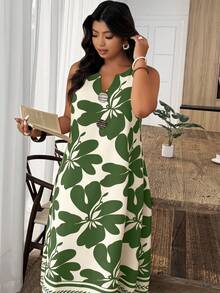Weeklong Plus Size Women's A-Line V-Neck Sleeveless Solid Color Floral Print Casual Vacation Dress, Spring/Summer - Multicolor - View 4