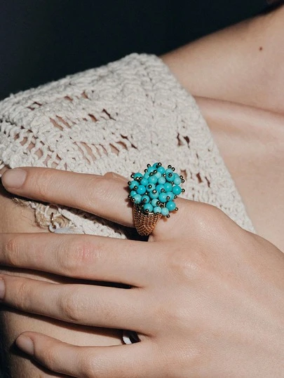 Noxbound Anel feito à mão com Turquesa em Ouro 18k, Banhado a Ouro 18k, Minimalista/Vintage/Elegante, Para Mãe/Mulher/Menina, Verão/Praia/Baile/Festa/Férias, BOÊMIO/Moderno/Chique, Uso Diário/Dia de Trabalho, Camadas/Gema/Contas/Cristais