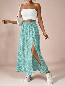 SHEIN VCAY Women's Allover Print Slit Design Casual Versatile Date Night & Outing Skirt - Green - View 3