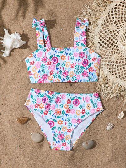 SHEIN Bộ bikini cho bé gái tuổi teen dễ thương, giản dị, kín đáo, họa tiết hoa nhí dệt kim, dây đeo kỹ thuật số và nơ, áo bikini kèm quần tam giác, thời trang thanh lịch, phù hợp cho bơi lội, kỳ nghỉ hè, bãi biển, hồ bơi, tiệc tùng.