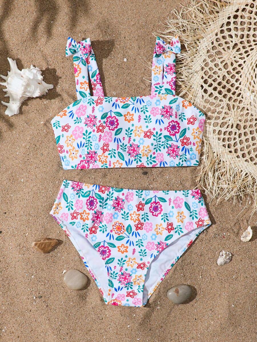 SHEIN Tween Girls Cute White Ditsy Floral Bikini Sets,Knit Bow Straps Two Piece Bathing Suits For Summer Vacation,Pool Party,Holiday Beach Kids Swimwear - Multicolor - View 1