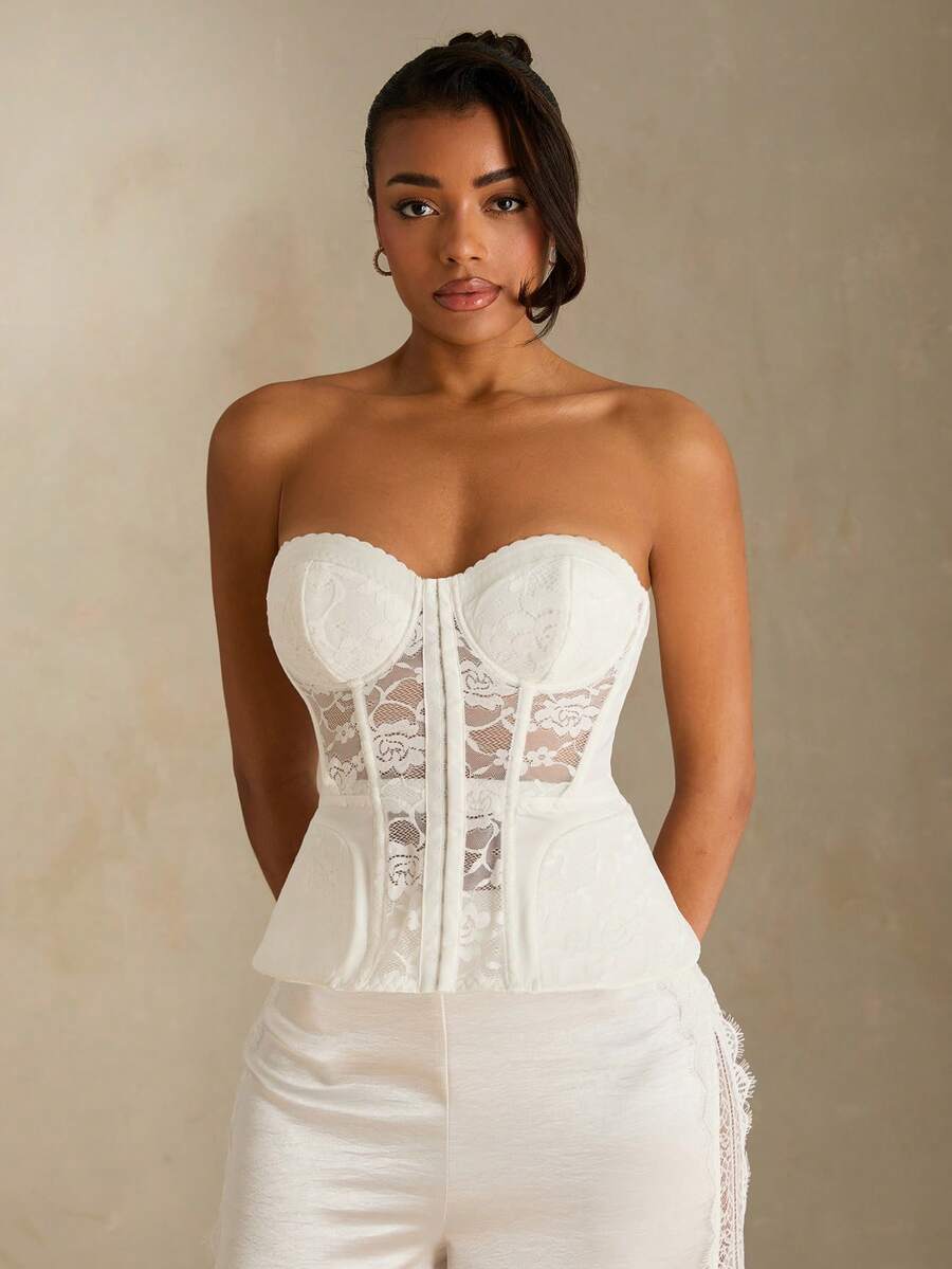 SHEIN Glamour 女士撞色蕾丝前扣吊带背心式上衣束身胸衣无肩带束身胸衣白色蕾丝上衣带骨束身胸衣女士束身胸衣 - 白色 - 查看 1