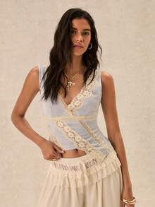 Easelle 复古波西米亚性感蕾丝拼接修身女式背心 - 紫色 - 查看 5