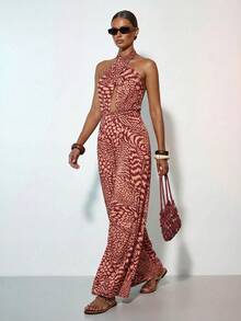 Zivah Mono informal de mujer con estampado todo sobre, con cuello halter y atar, adecuado para vacaciones y uso diario - Rojo - Ver 5