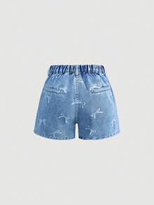 SHEIN Teen GirlBow Decor Blue Denim Ruffle Hem Loose Shorts - Medium Wash - View 3