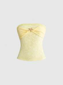 ROMWE Avant Top tube de style vacances pour femmes, style romantique avec mélange de matériaux, dentelle et décoration étoile de mer - Jaune citron - Voir 1