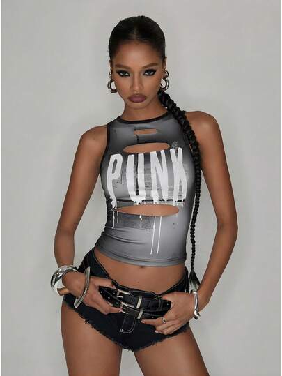 Shutterstock Y2Kool Y2K Streetwear Sexy Punk Hollow Out Cropped Black Top, Letter Print, Fitted Cut, Suitable For Women, Outings, Music Festivals, Daily Wear, Y2K Streetstyle Hot Girl Graphic Print Crop Top