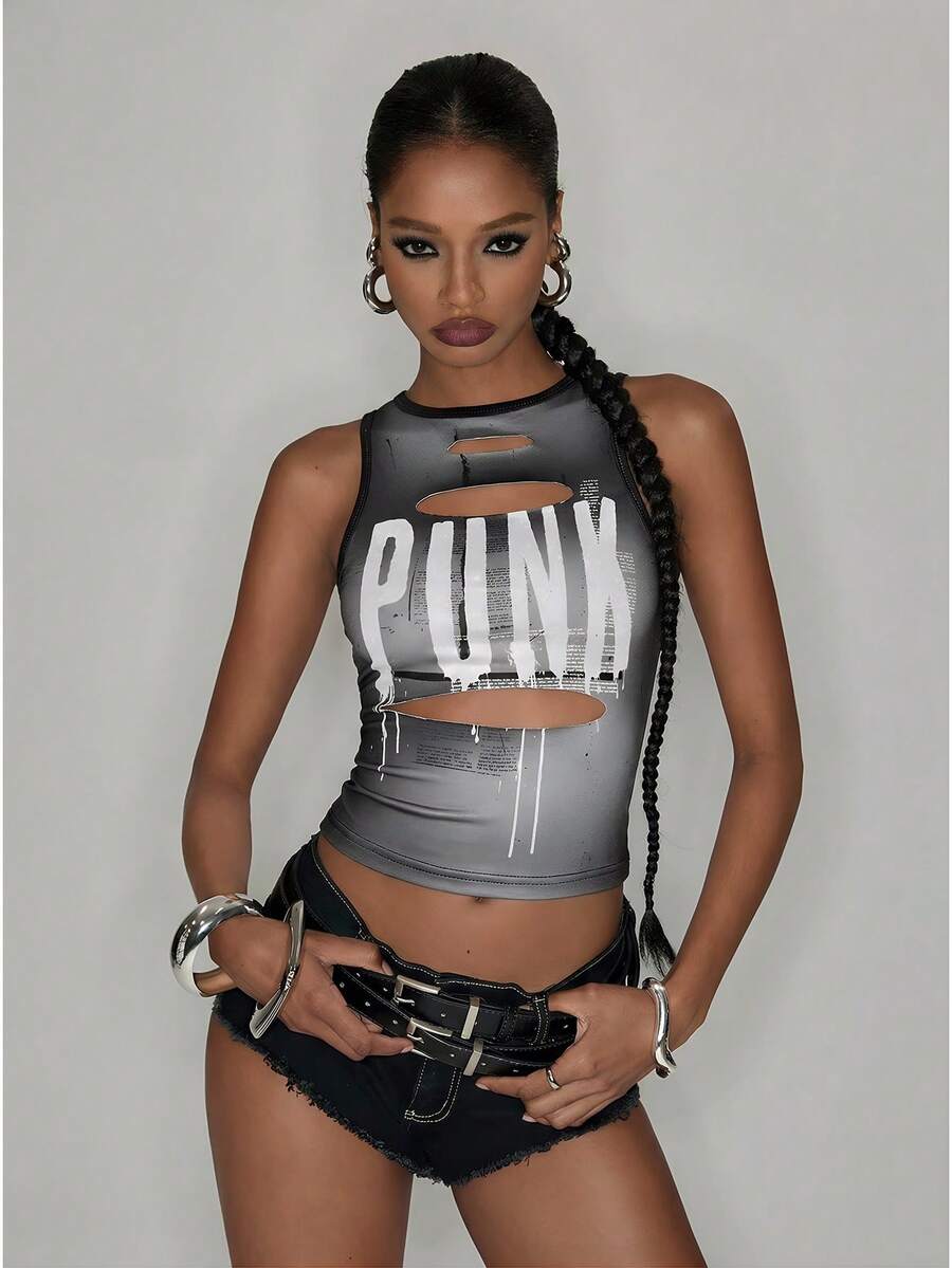 Shutterstock Y2Kool Áo crop top đen khoét lỗ phong cách Y2K Streetwear gợi cảm, in chữ, dáng ôm, phù hợp cho nữ, đi chơi, lễ hội âm nhạc, mặc hàng ngày, áo crop top in hình đồ họa phong cách Y2K Streetstyle nóng bỏng. - màu đen - Xem 1