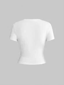 ROMWE Avant Women's Y2K All-Match Versatile Tight Crew Neck Medical Device Graphic T-Shirt - White - View 4