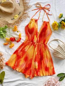 Soleia 扎染花卉印花 V 领露背连体裤，带腰部抽绳，女式，度假风格 - 彩色 - 查看 5