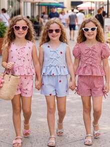 SHEIN 【隨機3款，發貨1套】驚喜盲盒少女夏季套裝淺粉色，少女2件套服飾 - 紅色 - 查看 7