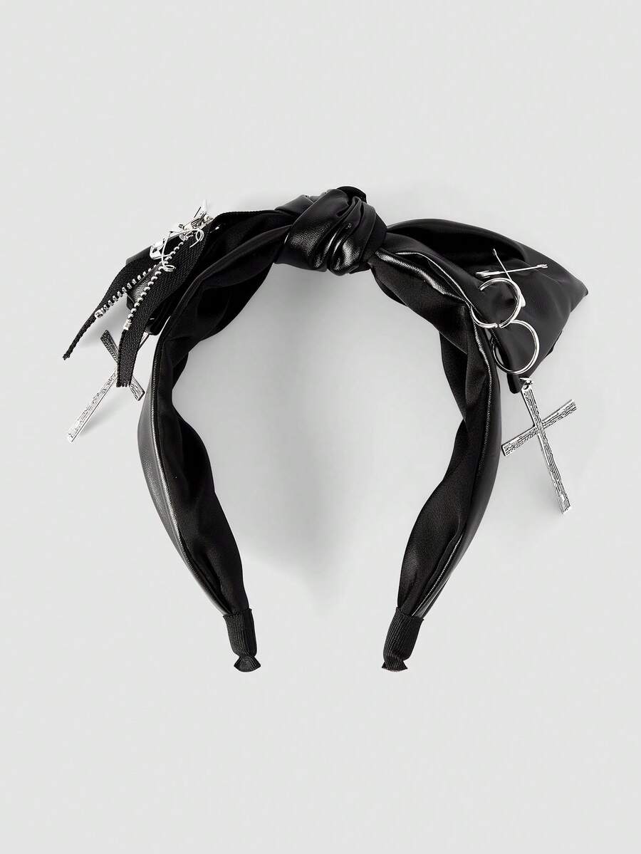 1 chiếc băng đô da PU đính đinh tán phong cách Punk, phong cách Retro Goth Y2K Punk dành cho nữ, phụ kiện tóc Lolita Punk màu trơn, băng đô cài tóc - màu đen - Xem 1