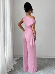 Elenzga 夏季新款韩版两件套，适合旅行和摄影，包含一件深海蓝色不对称领口上衣和一条高腰休闲裤。 - 粉色 - 查看 2