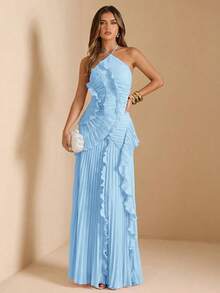 SHEIN BAE Women's Pink Halter Neck Pleated High Slit Dress, Suitable For Wedding Guest, Valentine's Day, Spring/Summer - Baby Blue - View 6