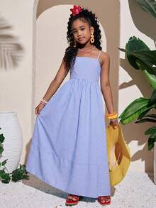 Tween Girl Fashion Resort Pink Spaghetti Strap A-Line Dress - Blue - View 4