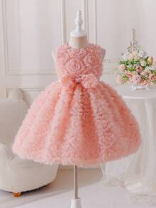 SHEIN Glamorique Kids Young Girl'Princess Dress,Blush Pink Summer Flower Girl Formal Gown,Coral Peach 3D Floral Mesh,Bow Decor,Sleeveless,Birthday Party Wedding Event Dress - Pink - View 4
