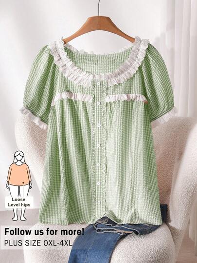 CosyJoli Áo kiểu dáng rộng rãi, thoải mái mùa hè dành cho nữ, họa tiết hoa, viền bèo nhún tương phản, tay áo cánh hoa.