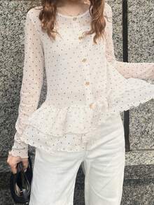 FRIFUL Women's Summer Polka Dot Pattern Button Design Ruffle Hem Blouse - White - View 6