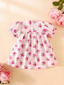 SHEIN Đầm ngắn tay bồng bằng ren trắng in họa tiết cho bé gái sơ sinh, kiểu dáng mùa hè mới với họa tiết hoa hồng ren vàng, thích hợp cho tiệc tùng, họp mặt, dạ hội và mặc hàng ngày. - Màu tím hoa cà - Xem 2