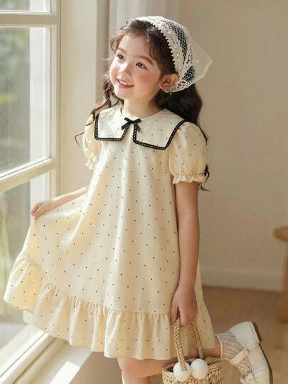 Đầm vải in họa tiết chấm bi đen và màu mơ cho bé gái, cổ ren thanh lịch, viền bèo nhún, điểm nhấn nơ, tay phồng, thích hợp mặc hàng ngày, đi nghỉ mát, mùa hè.
