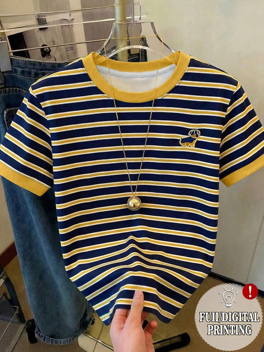 Resyla Áo thun nữ tay ngắn cổ tròn in họa tiết kẻ sọc, kiểu dáng thường ngày. - Màu vàng - Xem 1