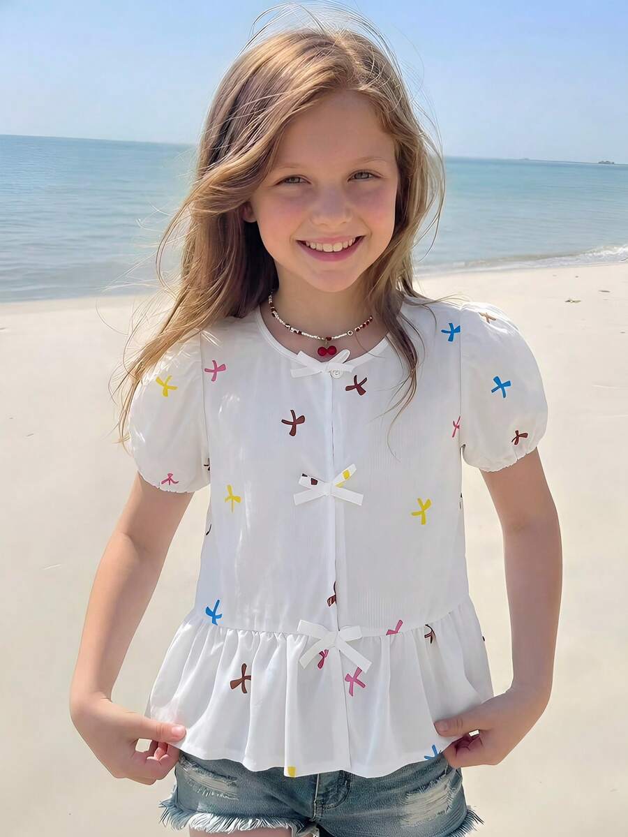 Tween Girls' Cute Colorful Bow Print Puff Sleeve Ruffle Hem Shirt Blouse, Spring/Summer - White - View 1