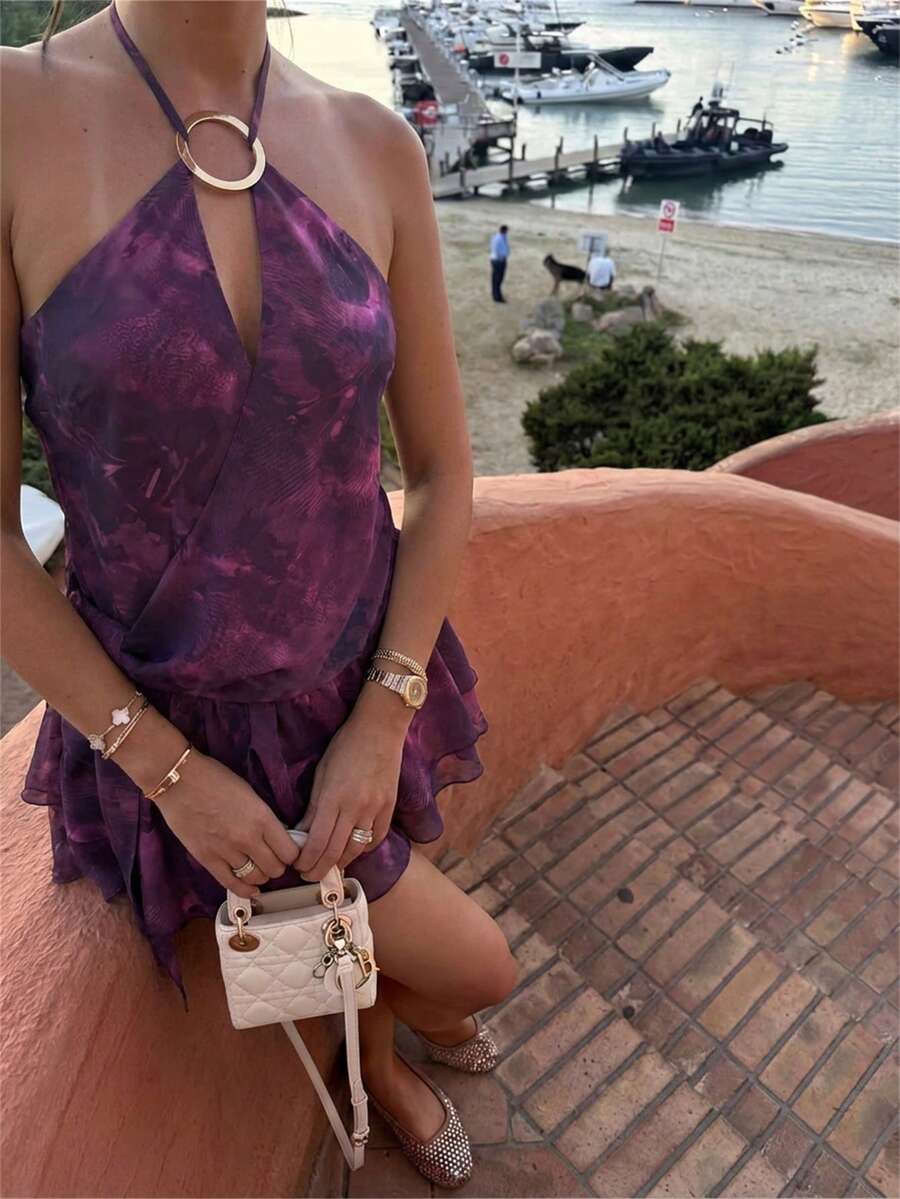 Aloruh 女士优雅金属扣装饰沙滩度假露背修身网纱印花迷你连衣裙