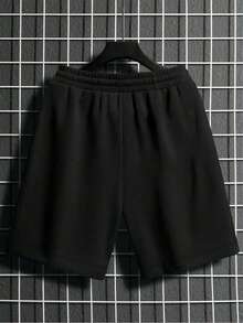 Manfinity Homme 男士加大标语图案抽绳腰短裤图案外出黑色短裤，适合丈夫、男朋友的礼物 - 黑色 - 查看 2