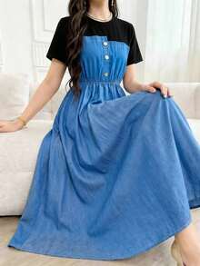 Teen Girls Knit Crew Neck T-Shirt With Denim Effect Woven Patchwork Dress - Multicolor - View 3