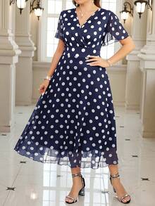 Reflora Đầm nữ mùa xuân màu đỏ phối trắng chấm bi, chất liệu lưới, thắt eo, cỡ lớn, thanh lịch, lãng mạn cho ngày Valentine. - Màu xanh hải quân - Xem 4