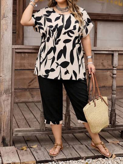 SHEIN CURVE+ Plus Size Women Plant Print Batwing Sleeve Shirt And Pants 2 Pieces Set