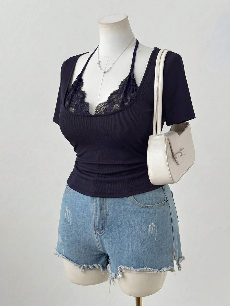 Flirla Camiseta ajustada de unicolor con parches de encaje sexy - Azul Marino - Ver 1