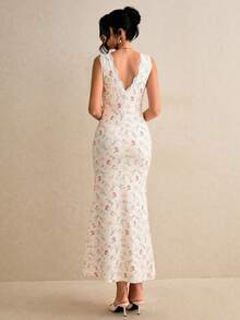Poéselle 女款白色花卉優雅對比蕾絲V領無袖修身洋裝，春夏舞會晚宴婚禮新娘派對茶會禮服 - 杏色 - 查看 2