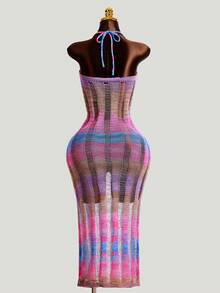 SHEIN Swim Vcay 女士度假条纹垂褶领罩衫连衣裙 - 彩色 - 查看 2