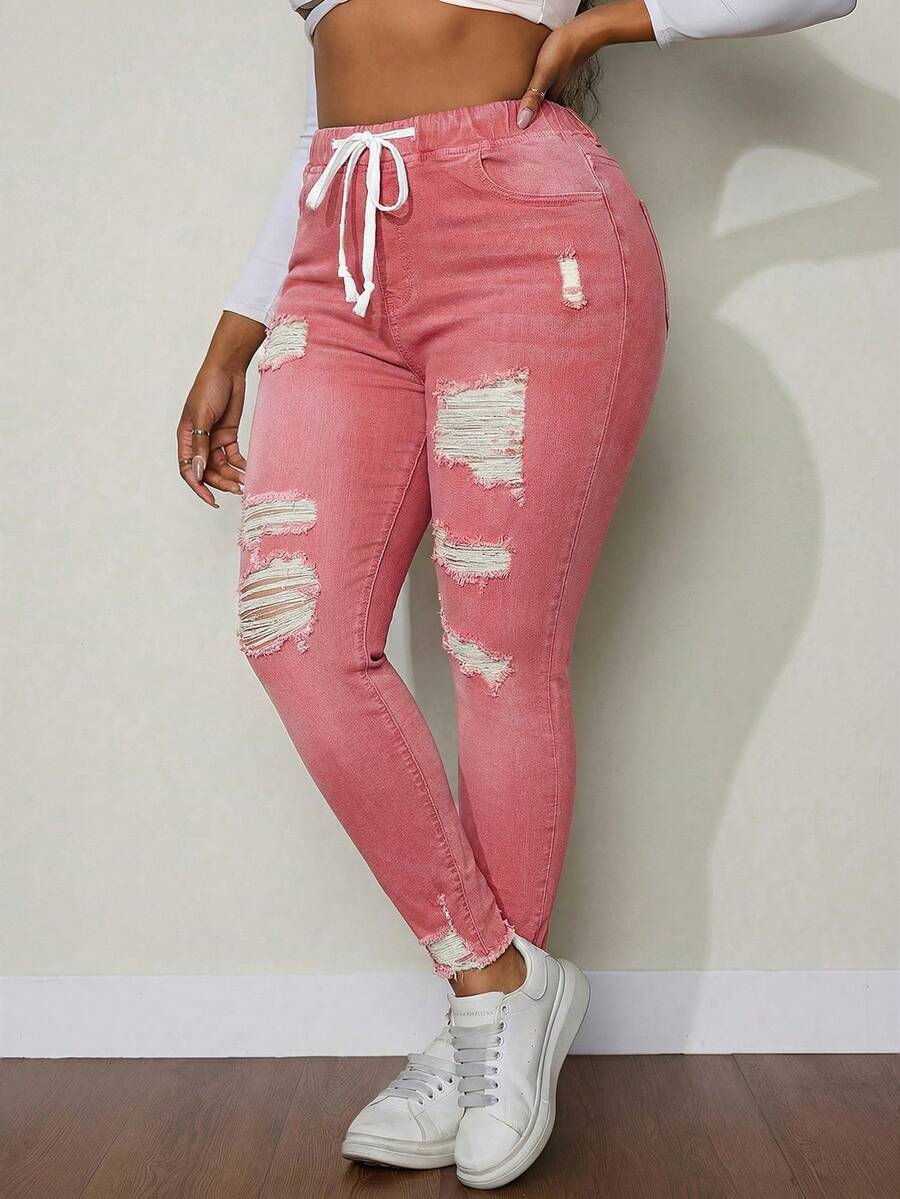 SHEIN SXY Plus Size Women Drawstring Waist Distressed Elastic Waist Versatile Jeans - Pink - View 1