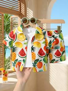 SHEIN Bộ áo sơ mi và quần short in hình trái cây phong cách thường ngày cho bé trai đi nghỉ mát. - Nhiều màu - Xem 3
