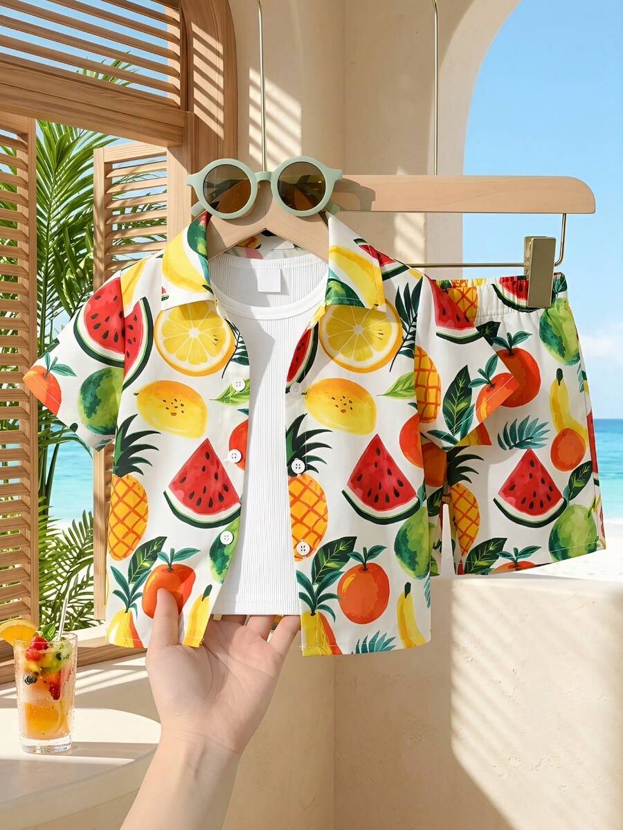 SHEIN 2pcs Toddler Infant Baby Boy Vacation Casual Fruit Print Shirt And Shorts Set, Summer Clothes Sets Summer Shirts For Baby Mommy And Me Clothes For Boy Summer Cute Summer Shirts Summer Casual Tops Boy Summer Outfit Set Boy Outfit Baby Boy Clothes Boys Outfit Sets Baby Casual Sets Boy Summer Sets Baby Boy Vacation Clothes Baby Hawaiian Baby Boy Outfit Baby Boy Boho Clothes - Multicolor - View 1