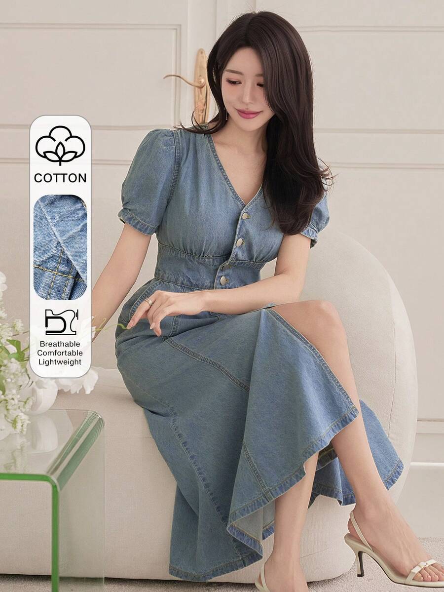 DAZY Women's Casual Washed V-Neck Petal Sleeve Denim Dress, Summer - Blue - View 1