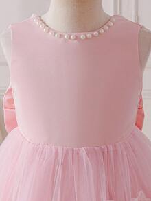 SHEIN Glamorique Kids 少女公主洋裝，花童裙，淡粉色網紗公主洋裝，3D網紗花朵，可愛優雅派對花童洋裝，生日派對，婚禮，婚紗，中東，歐洲和美國，珍珠，背後大蝴蝶結芭蕾舞茶會洋裝，女孩洋裝，芭蕾花童洋裝，迷人兒童洋裝，兒童洋裝，生日女孩，夏季 - 粉色 - 查看 7