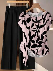 SHEIN Clasi 休闲复古优雅通勤百搭暖粉黑花卉印花图案，舒适保暖的女士圆领宽松短袖衬衫配蝴蝶结和直筒宽松长裤两件套，适合秋冬季穿着。 - 彩色 - 查看 2