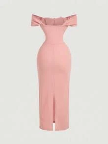 SHEIN MOD 红色3D立体花朵褶皱修身抹胸中长连衣裙，适合秋季婚礼宾客、返校节、新年、情人节等场合。 - 粉色 - 查看 2
