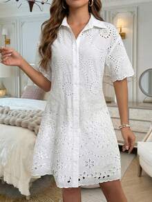 EMERY ROSE Đầm sơ mi nữ thời trang, thanh lịch, thêu họa tiết khoét lỗ, kiểu dáng giản dị, tiết kiệm, thích hợp cho kỳ nghỉ và đi biển. - trắng - Xem 3