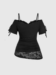 ROMWE Goth Plus Size Sexy Butterfly Lace Patchwork Minimalist Versatile Shoulder Long Top - Black - View 2