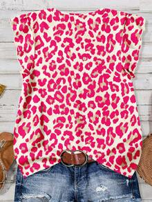 SHEIN LUNE Women's Leopard Print Cap Sleeve Casual Blouse, Suitable For Summer,Summer Top - Multicolor - View 4