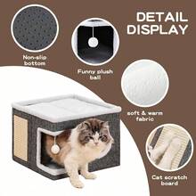 Giường ngủ sang trọng hai lớp cho mèo, nhà cho mèo bằng sợi sisal có thể gấp gọn, nhà cho mèo lớn có mái che - Phù hợp cho mọi mùa. - Xám - Xem 4