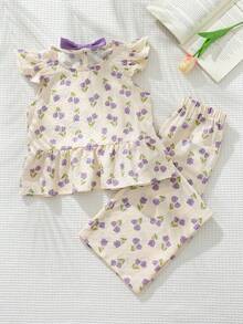 Cozy Pixies Conjunto de top de manga abullonada con lazo de color contrastante y estampado floral y pantalones anchos estampados para niña - Multicolor - Ver 2