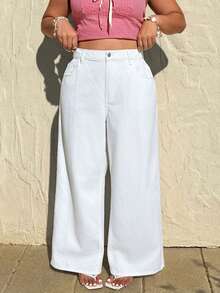 Rivivi Plus Size Women Fashion Casual Active Drawstring Washed Pocket Solid Color Wide Leg Jeans - White - View 3